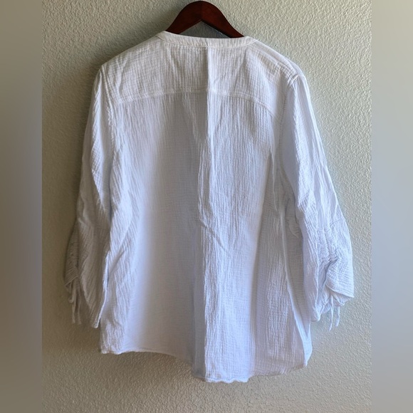 Foxcroft NYC Women’s Gauze White Button Up Ruched Tie Sleeve Shirt Size XXL - Picture 3 of 7